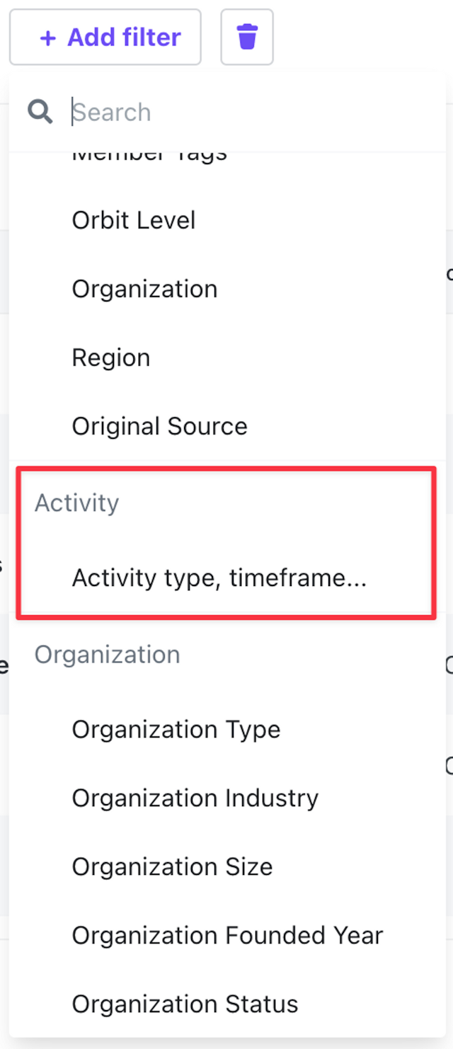 The activity type filter in the filters list