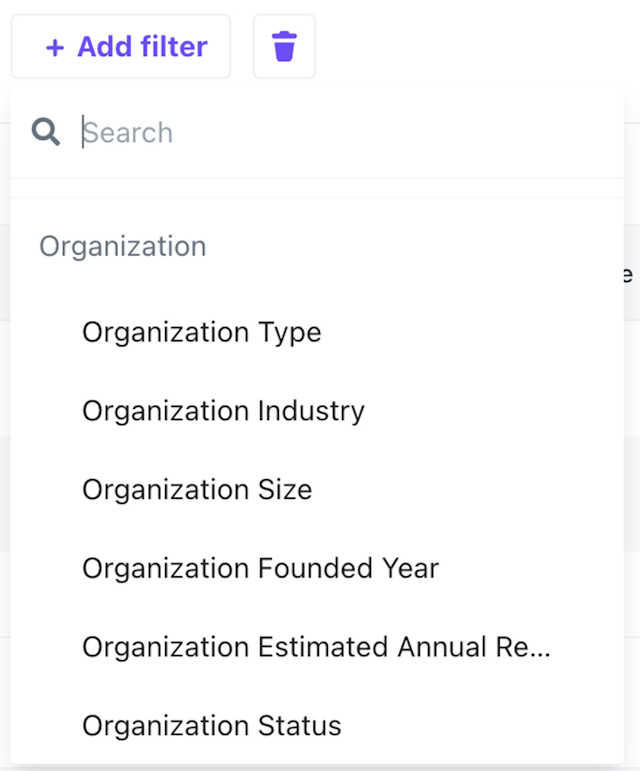 Organizations-specific filters in filters dropdown