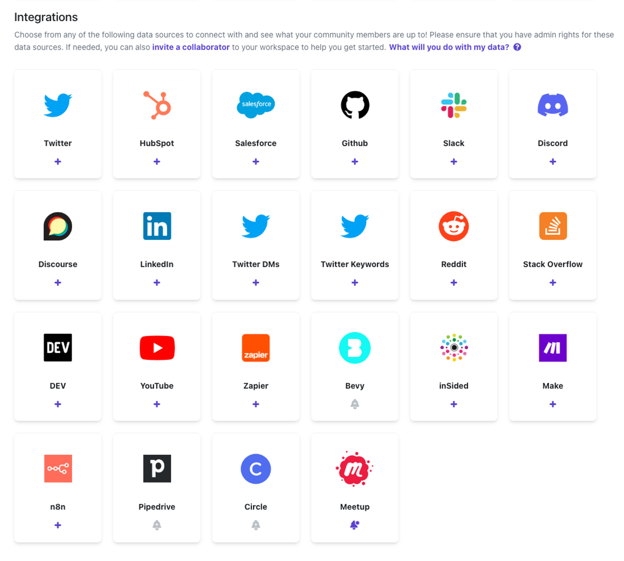 Our first party integrations include Twitter, Hubspot, Salesforce, Github, Slack, Discord, Discourse, LinkedIn, Reddit, Stack Overflow, DEV, Youtube, Zapier, Insided, Make, and n8n.